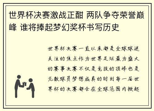 世界杯决赛激战正酣 两队争夺荣誉巅峰 谁将捧起梦幻奖杯书写历史