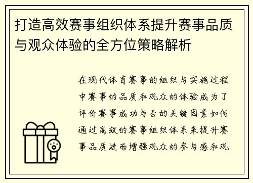 打造高效赛事组织体系提升赛事品质与观众体验的全方位策略解析
