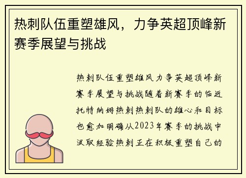 热刺队伍重塑雄风,力争英超顶峰新赛季展望与挑战